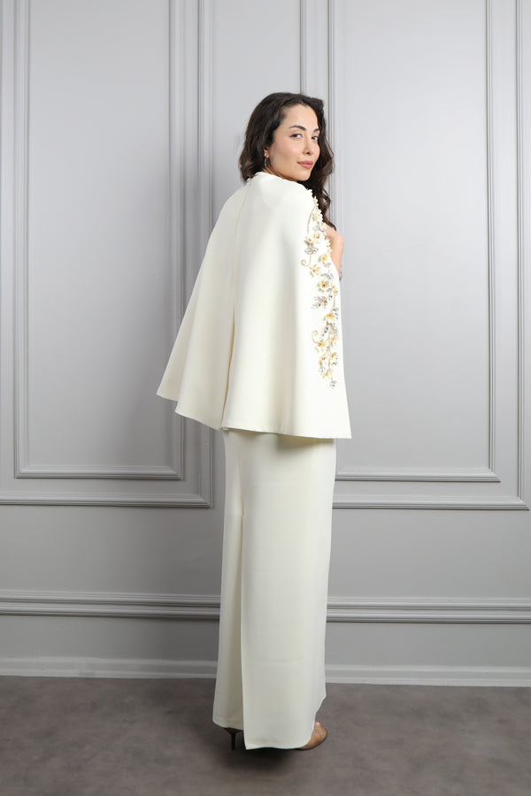 V Yaka Pelerini Taş Ve Çiçek Detaylı Büyük Beden Abiye Kemik