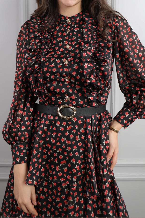 Önü Düğmeli Beli Kemerli Eteği Katlı Desenli Elbise