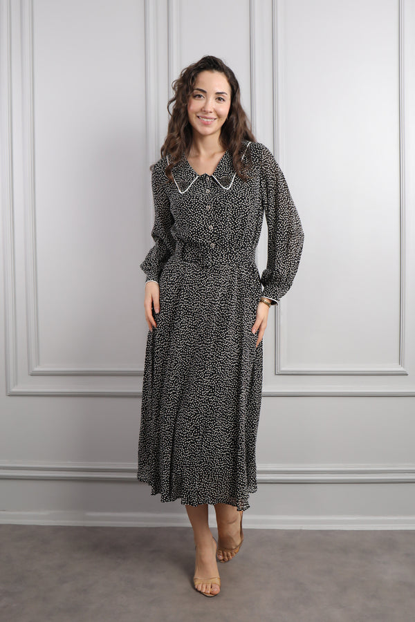 Bebe Yaka Beli Kemerli Desenli Büyük Beden Midi Boy Elbise Siyah