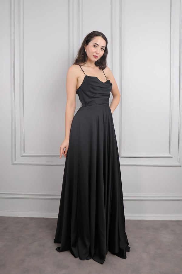 İnce Askılı Sırtı Bağlamalı Saten Abiye Siyah