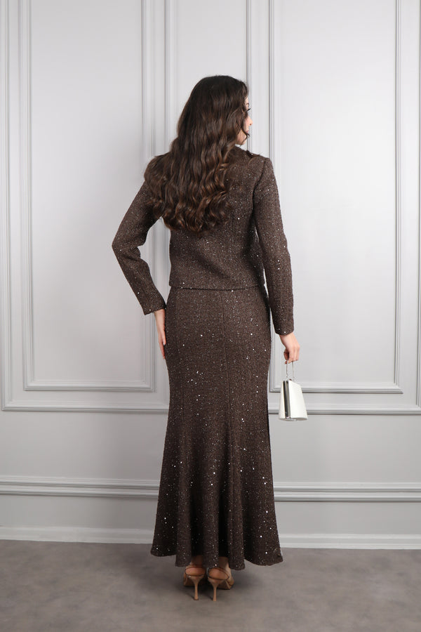 Yakası Bağlamalı Cepleri İnci İşlemeli Çanta Aksesuar Detaylı Tüvit Etek Takım Kahve