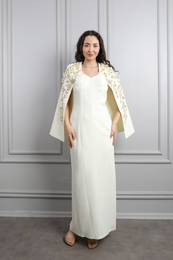 V Yaka Pelerini Taş Ve Çiçek Detaylı Büyük Beden Abiye Kemik