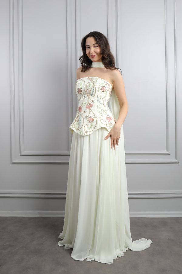 Straplez Korsesi Taş İşlemeli Fular Detaylı Şifon Abiye Kemik