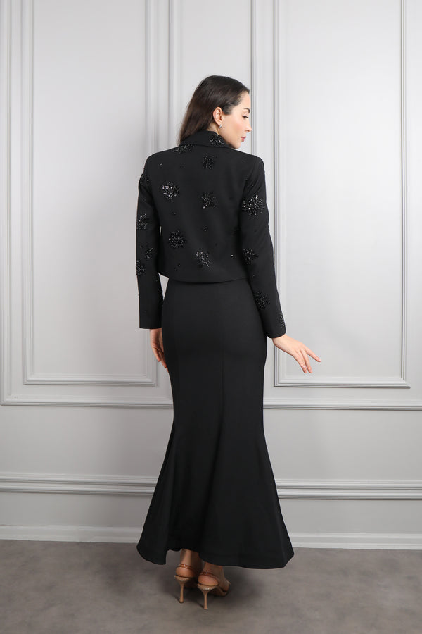 Yakası Bağlamalı Boncuk İşlemeli Etek Takım Siyah