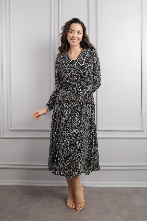Bebe Yaka Beli Kemerli Desenli Büyük Beden Midi Boy Elbise Siyah