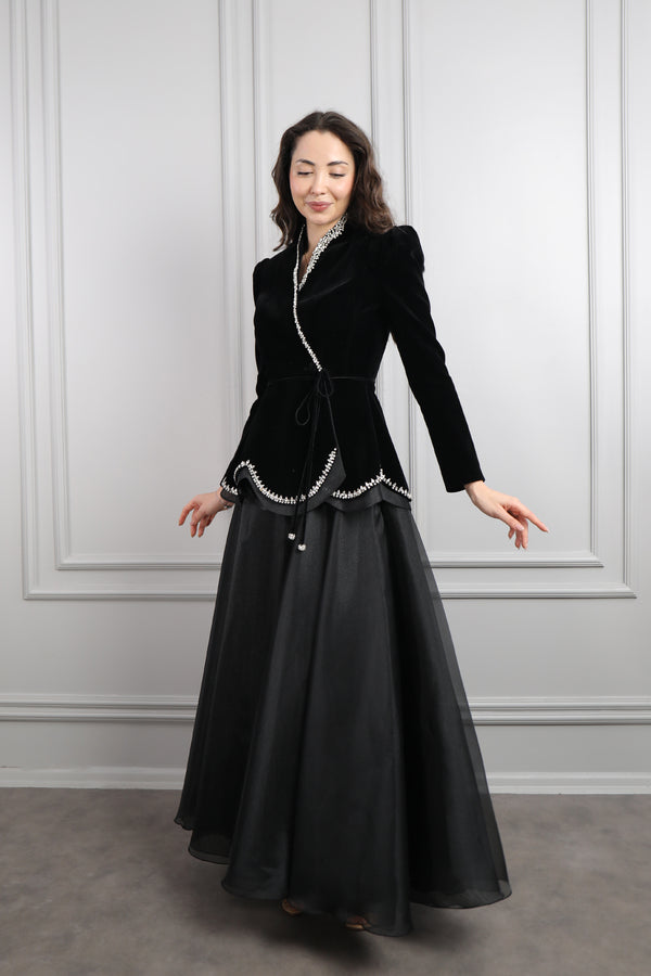 Ceketi Taş İşlemeli Kadife Etek Takım Siyah