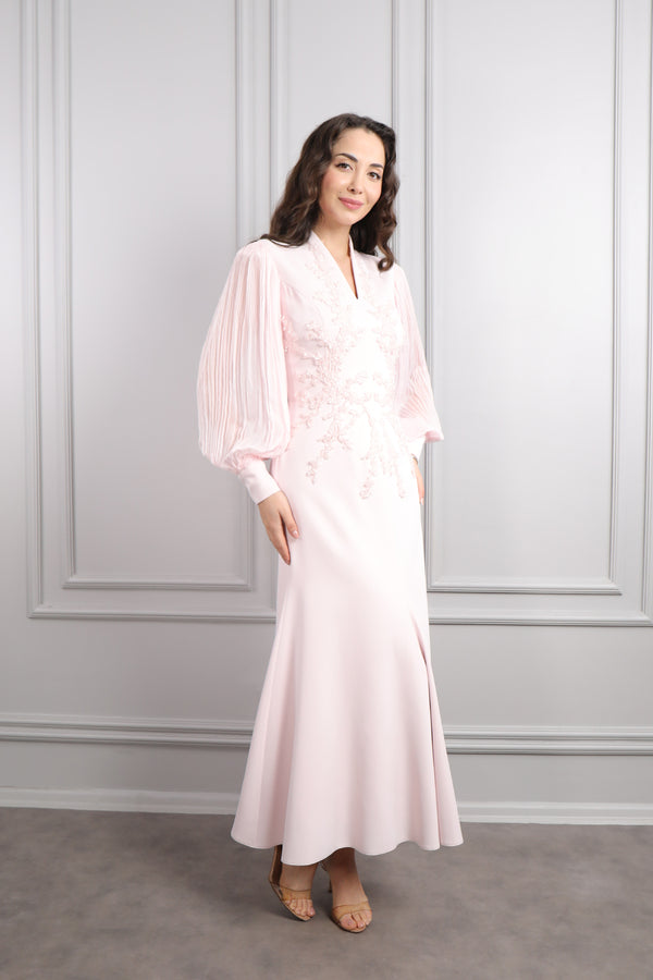 Önü Boncuk İşlemeli Balon Kol Elbise Pudra