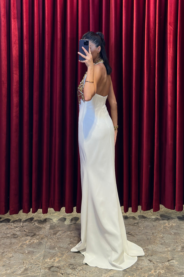 Halter Yaka Önü Gold Detaylı Abiye Ekru