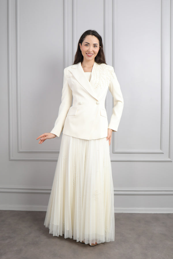 Kalın Askılı Eteği Dantelli Ceketi Boncuk İşlemeli Düğmeli Elbise Takım Ekru