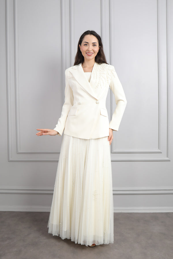 Kalın Askılı Eteği Dantelli Ceketi Boncuk İşlemeli Düğmeli Elbise Takım Ekru