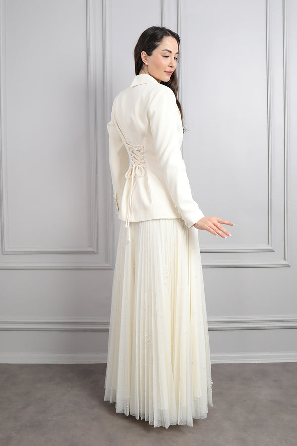 Kalın Askılı Eteği Dantelli Ceketi Boncuk İşlemeli Düğmeli Elbise Takım Ekru