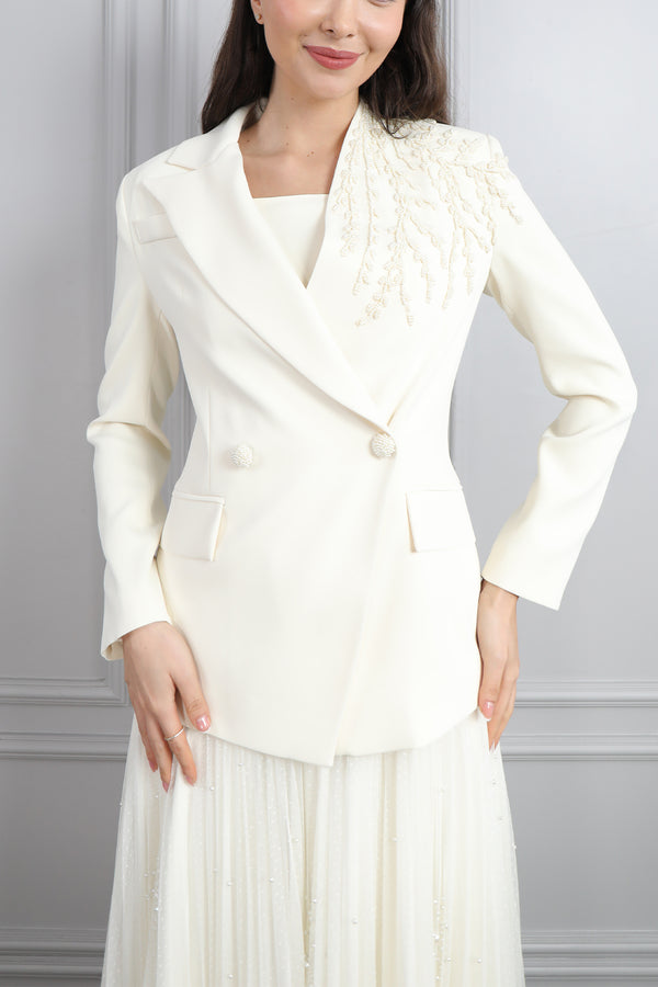 Kalın Askılı Eteği Dantelli Ceketi Boncuk İşlemeli Düğmeli Elbise Takım Ekru