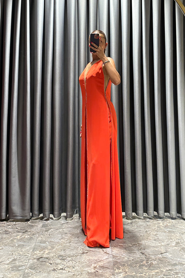 V Yaka Önü Taş İşlemeli Tulum Oranje