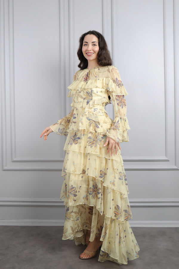 Oval Yaka Fırfırlı Desenli Büyük Beden Şifon Elbise Sarı