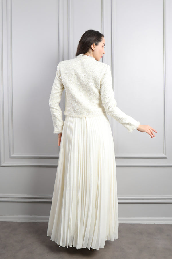 Ceketi Düğme Detaylı Tüvit Elbise Takım Ekru