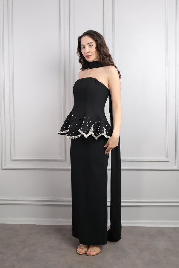 Straplez Taş İşlemeli Fular Detaylı Abiye Siyah