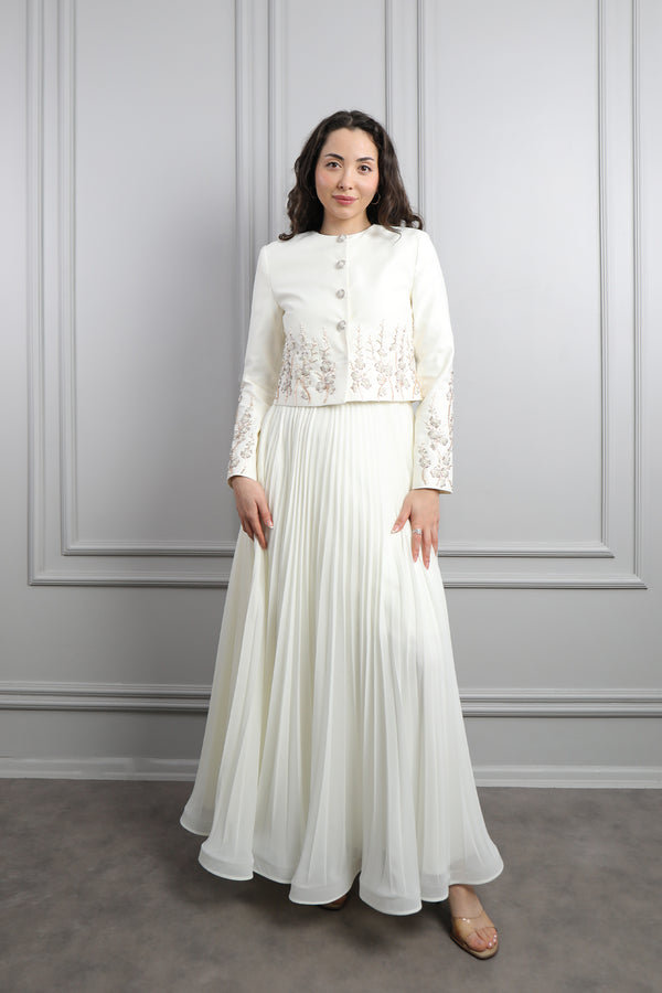 Ceketi Düğmeli Boncuk İşlemeli Pileli Elbise Takım Ekru