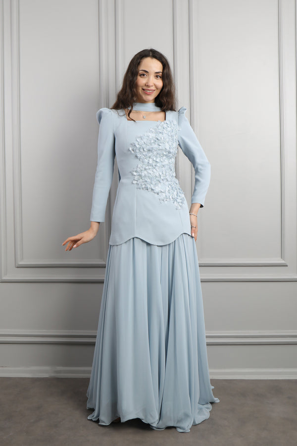 Kare Yaka Boncuk İşlemeli Fular Detaylı Şifon Etek Takım Mavi