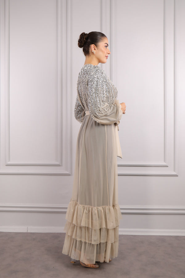 Üstü Taş İşlemeli Tüllü Abaya Vizon