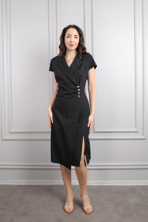 V Yaka Beli Drapeli Düğme Detaylı Büyük Beden Midi Boy Elbise Siyah