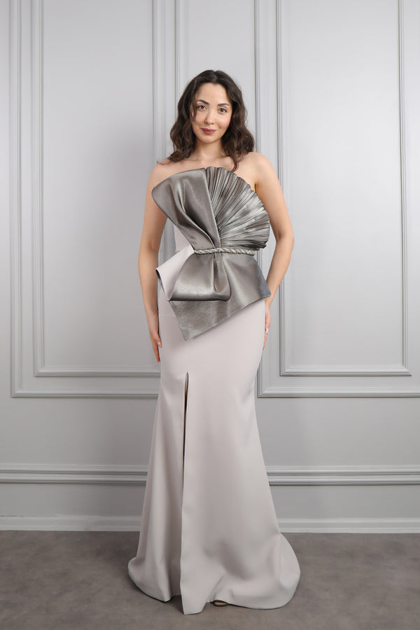 Straplez Önü Fiyonk Görünümlü Beli Boncuk İşlemeli Büyük Beden Abiye Taş