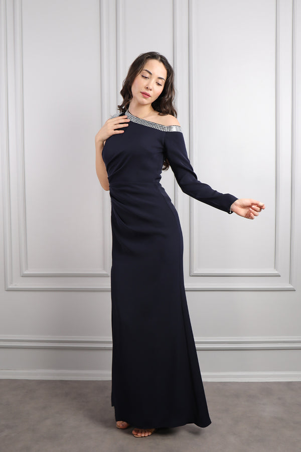 Asimetrik Yaka Tek Kollu Taş İşlemeli Yırtmaçlı Abiye Lacivert