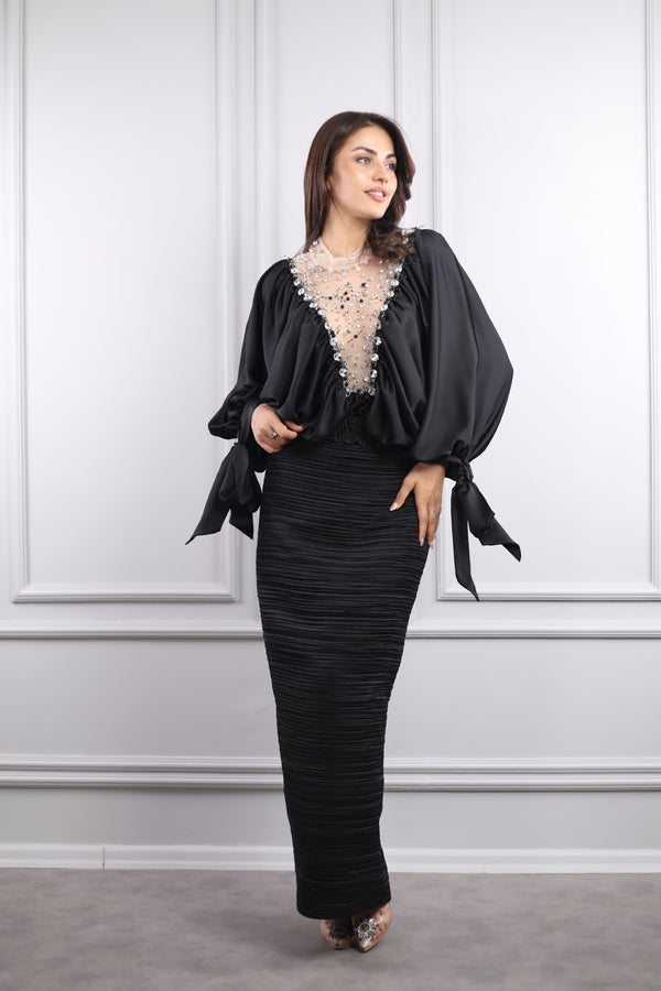 Yakası Taş İşlemeli Saten Etek Takım