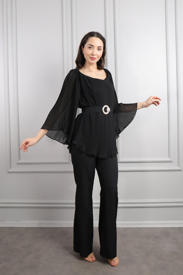 Geniş Yaka Beli Kemerli Pileli Büyük Beden Pantolon Takım Siyah