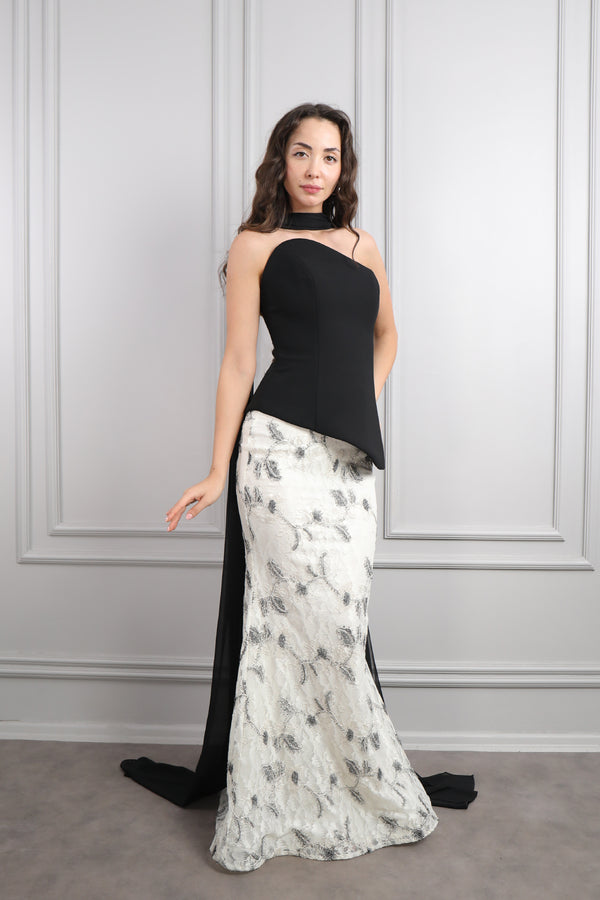 Straplez Fular Detaylı Dantelli Etek Takım Siyah-Kemik