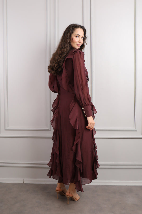 Yakası Bağlmalı Broş Detaylı Fırfırlı Elbise Bordo