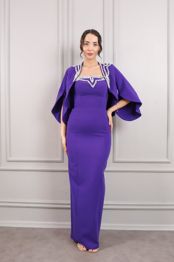Straplez Bolero Detaylı Taş İşlemeli Abiye Mor