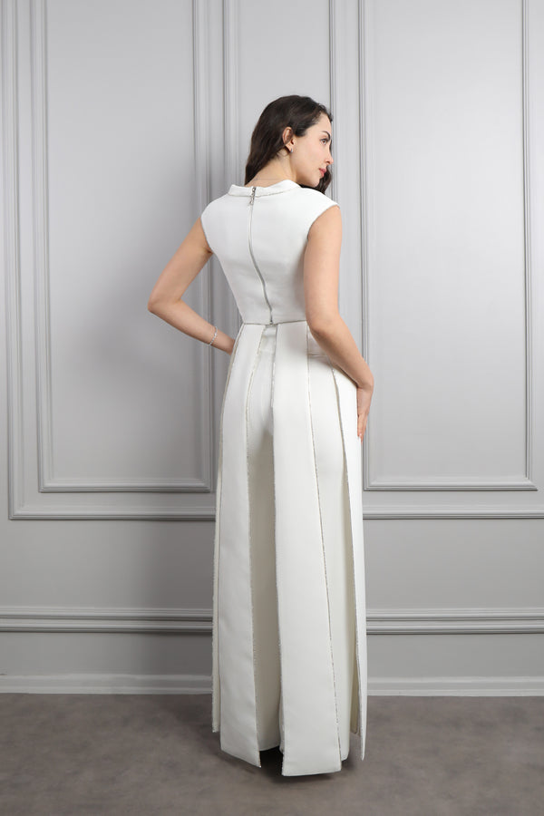 Hakim Yaka Çiçek Detaylı Etek Kısmı Hareketli Pantolon Takım Ekru