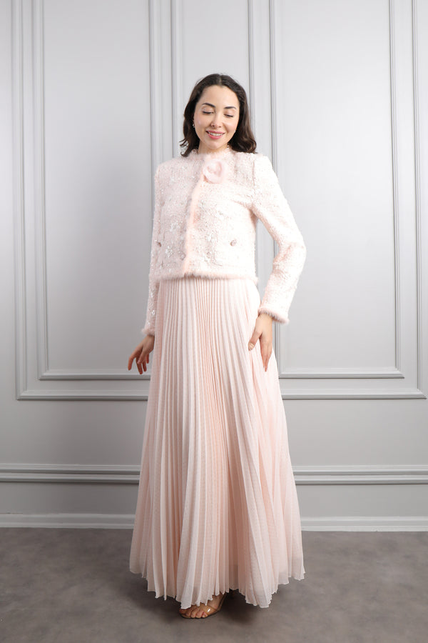 Ceketi Düğme Detaylı Tüvit Elbise Takım Pudra