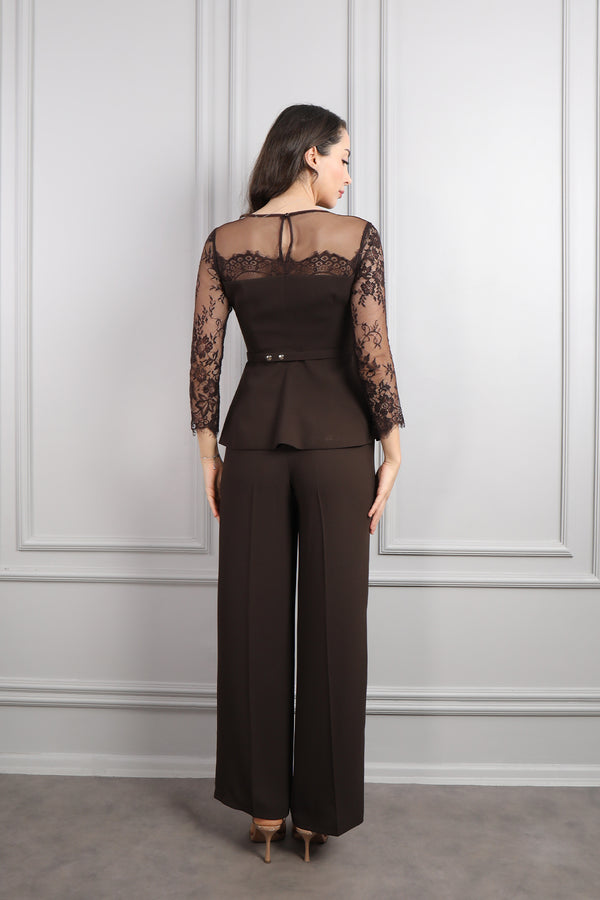 Beli Kemerli Trasparan Detaylı Pantolon Takım Kahve