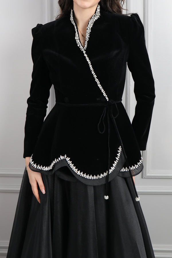 Ceketi Taş İşlemeli Kadife Etek Takım Siyah