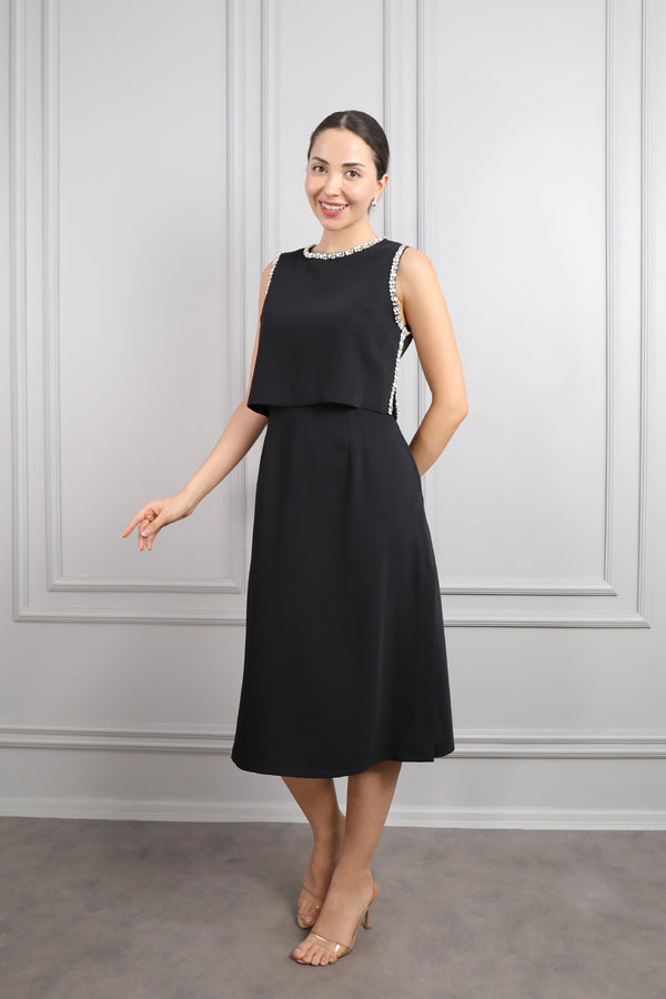 Üstü Taş Detaylı Midi Boy Elbise Takım Siyah
