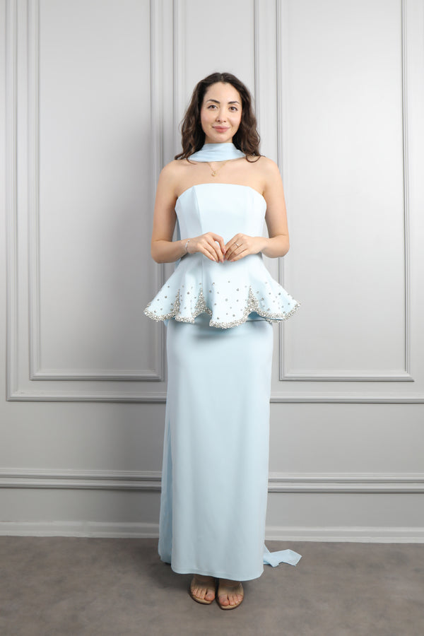 Straplez Taş İşlemeli Fular Detaylı Abiye Mavi