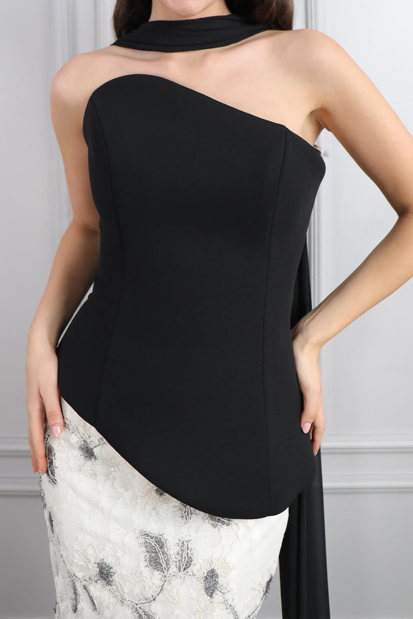 Straplez Fular Detaylı Dantelli Etek Takım Siyah-Kemik