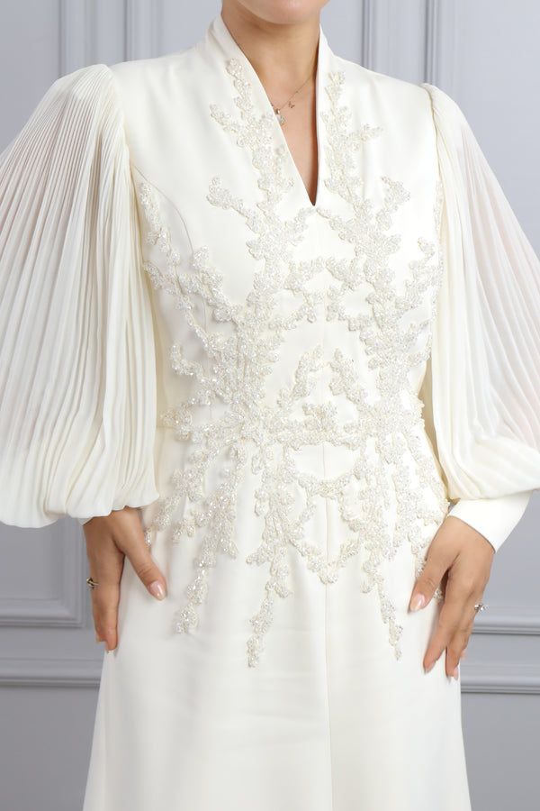 Önü Boncuk İşlemeli Balon Kol Elbise Ekru