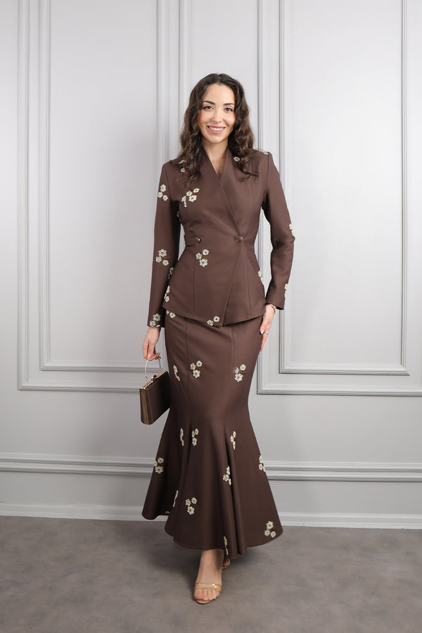 Boncuk İşlemeli Çanta Aksesuar Detaylı Etek Takım Kahve