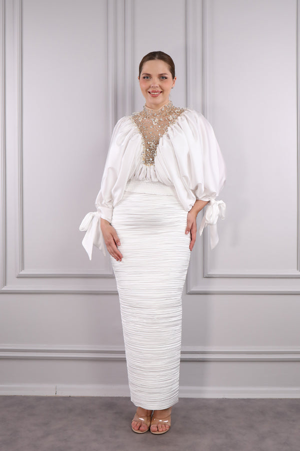 Yakası Taş İşlemeli Saten Etek Takım