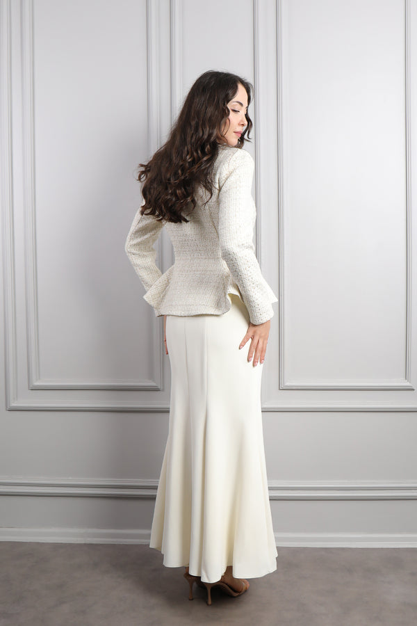 Boncuk Düğme Detaylı Tüvit Ceket Etek Takım Ekru