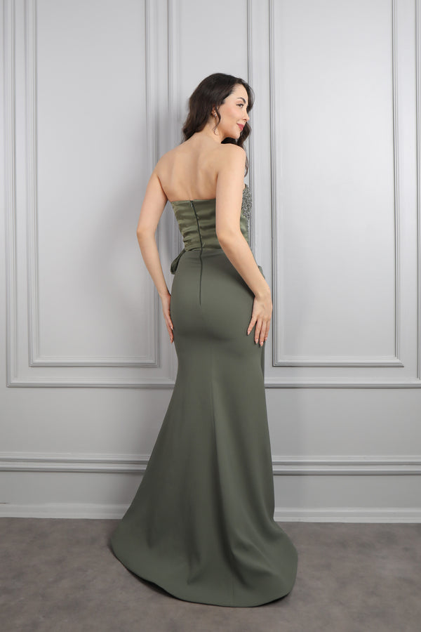 Straplez Boncuk İşlemeli Drapeli Büyük Beden Abiye Haki