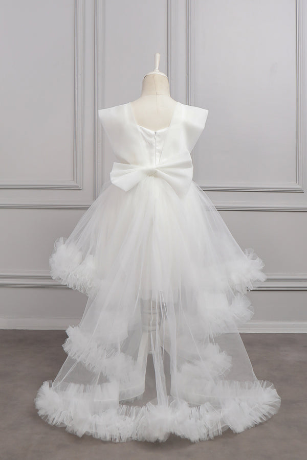 Beli Taş Detaylı Fırfırlı Çocuk Abiye Beyaz