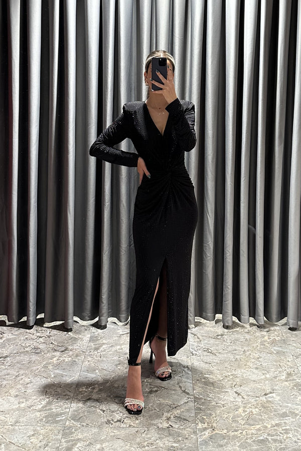 V Yaka Taş İşlemeli Midi Elbise Siyah