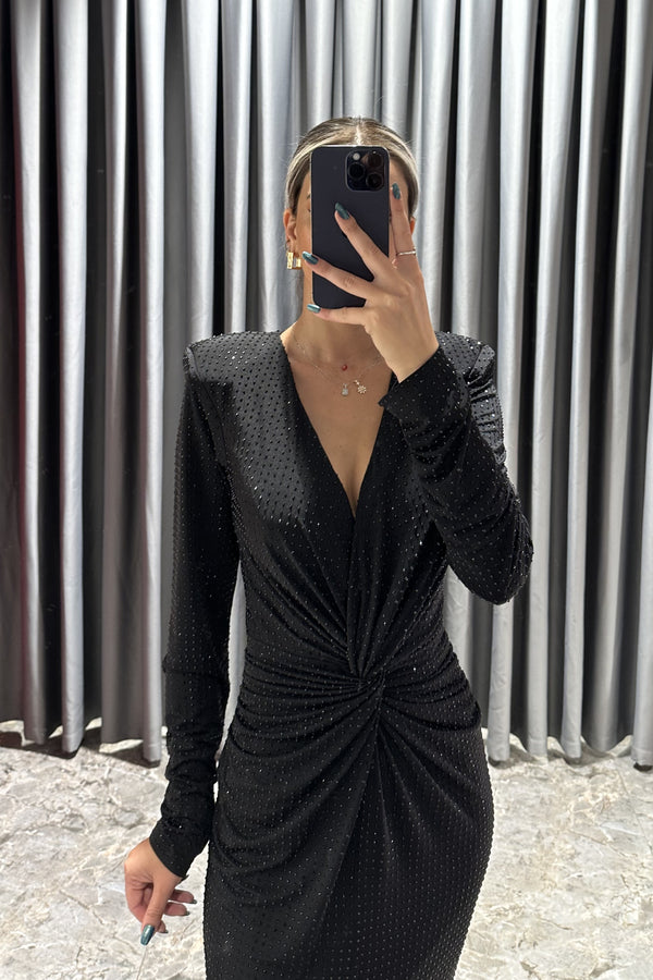 V Yaka Taş İşlemeli Midi Elbise Siyah