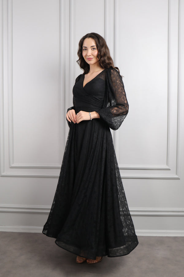 V Yaka Balon Kol Yırtmaçlı Büyük Beden Midi Boy Abiye Siyah