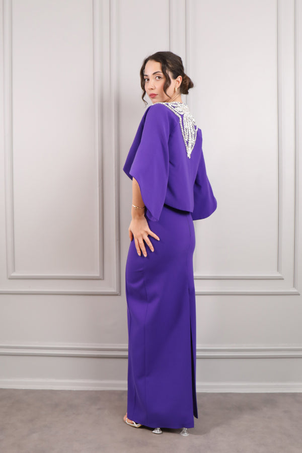 Straplez Bolero Detaylı Taş İşlemeli Abiye Mor