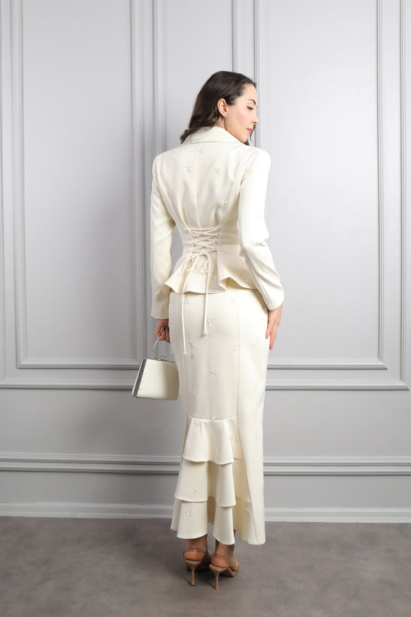 Önü Düğmeli Boncuk İşlemeli Çanta Aksesuar Detaylı Etek Takım Ekru