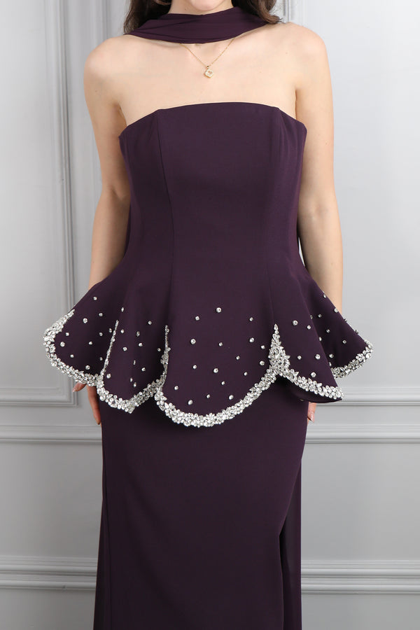 Straplez Taş İşlemeli Fular Detaylı Abiye Mor